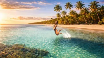 "Paisagem paradisíaca com águas turquesas e coqueiros na Praia dos Carneiros, ilustrando as melhores praias próximas a Porto de Galinhas."