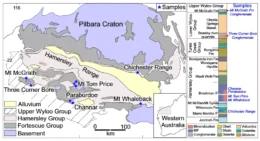 Geologic map of the Pilbara craton with sample locations marked by blue stars (Left). Stratigraphic column (Right) showing the Hamersley Group, whichhosts all martite- microplaty hematite deposits and overlying groups hosting hematite ore clasts. Credit Proceedings of the National Academy of Sciences