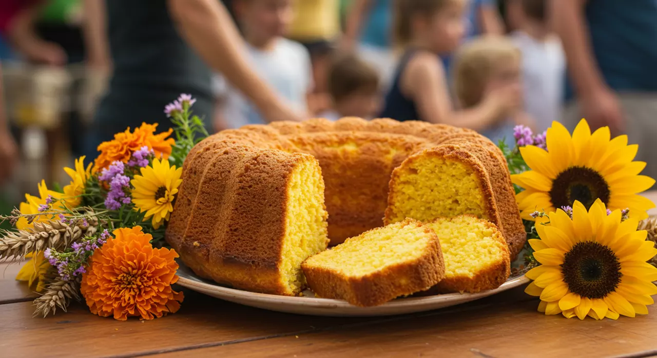 Bolo de milho servido em uma festa comunitária