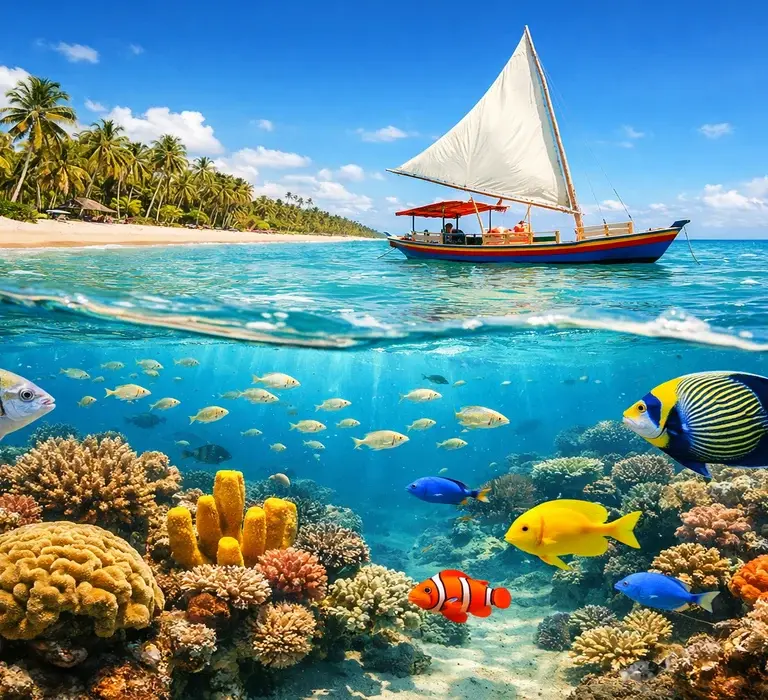 Crucial para SEO: "Fotografia dividida estilo 'meio a meio' da costa de Japaratinga, Alagoas. A metade superior mostra uma jangada tradicional navegando em águas azul-turquesa próximas a uma praia de areia branca com coqueiros. A metade inferior submersa revela um recife de corais colorido repleto de peixes tropicais, como peixe-palhaço e sargento.