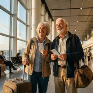 Casal de idosos no aeroporto representando os beneficiários da meia passagem de avião e do programa Voa Brasil.