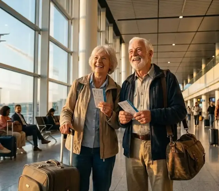 Casal de idosos no aeroporto representando os beneficiários da meia passagem de avião e do programa Voa Brasil.