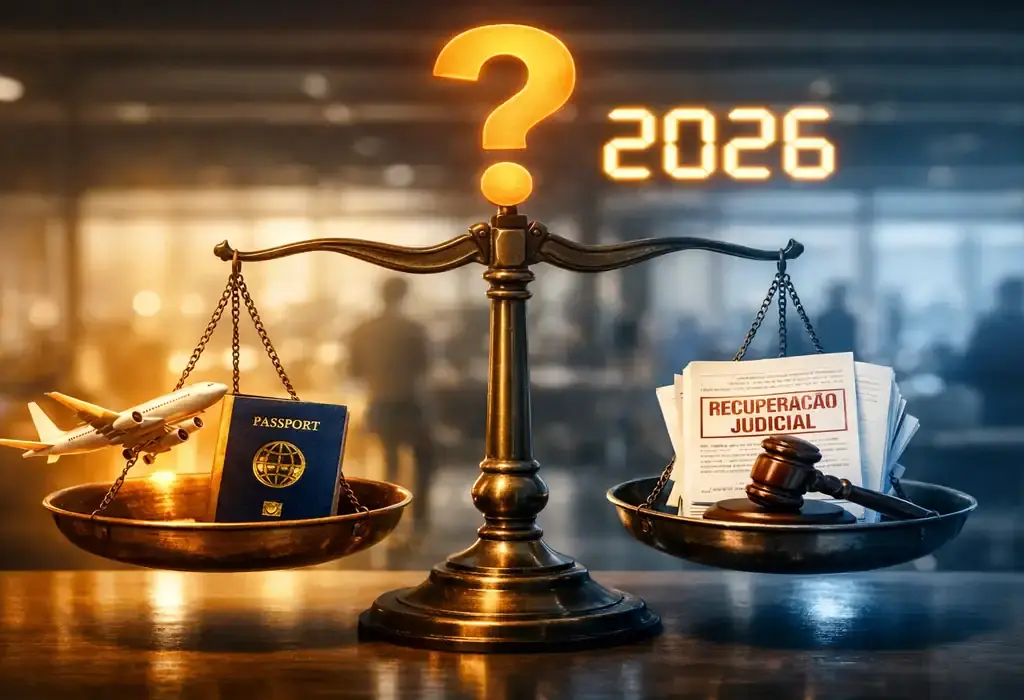 Ilustração comparativa mostrando um avião decolando e documentos jurídicos, representando a análise se a 123milhas é confiável em 2026 e a situação da recuperação judicial.