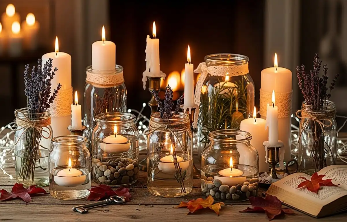 Arranjos com velas e potes de vidro
