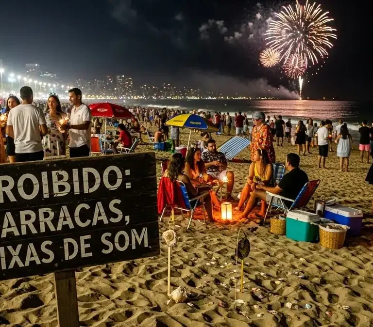 Réveillon nas praias do ES: O que é proibido levar para a areia na virada (Tendas e Som)