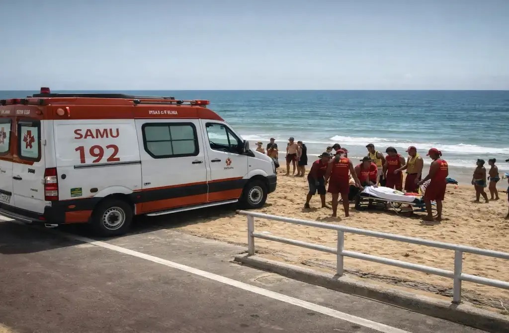 "Movimentação de banhistas e equipes de resgate na areia da Praia de Itapuã, em Vila Velha, durante atendimento a uma vítima de afogamento em frente à Colônia de Pescadores."