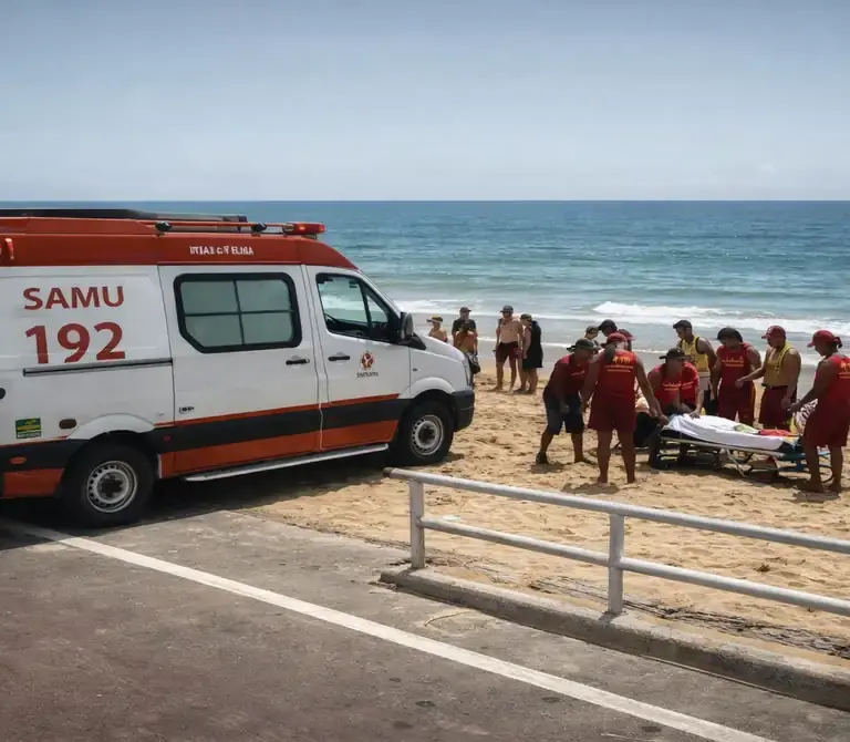 "Movimentação de banhistas e equipes de resgate na areia da Praia de Itapuã, em Vila Velha, durante atendimento a uma vítima de afogamento em frente à Colônia de Pescadores."
