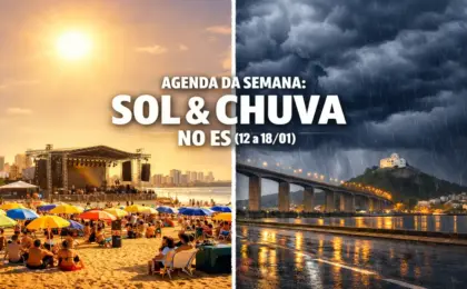 Montagem em tela dividida: lado esquerdo mostra uma praia ensolarada no ES com palco de shows montado na areia; lado direito mostra nuvens de tempestade e chuva sobre a Terceira Ponte e o Convento da Penha. Texto sobreposto: Agenda da Semana: Sol e Chuva no ES (12 a 18/01).