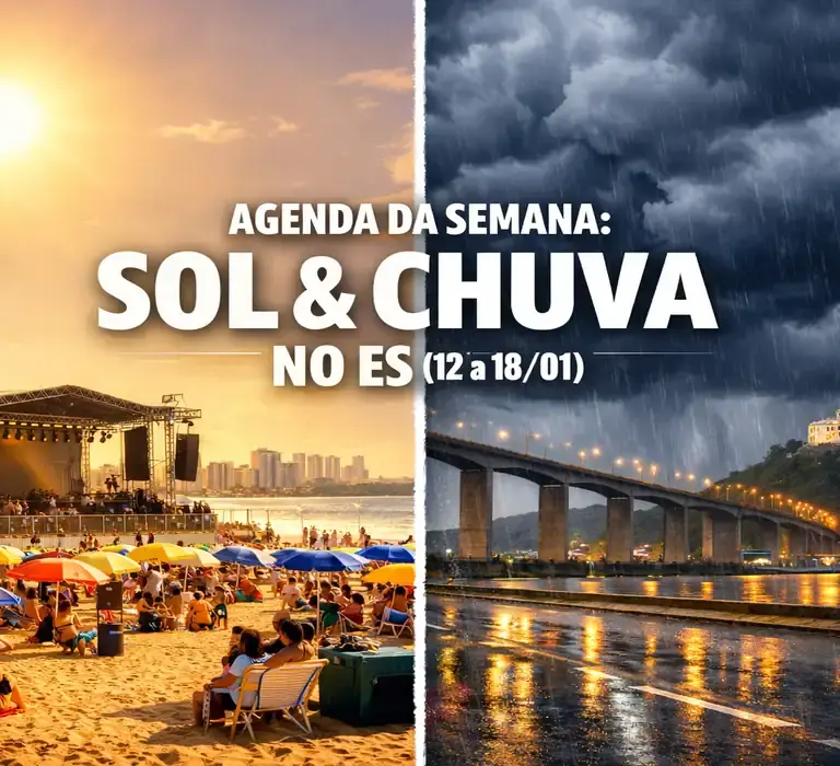 Montagem em tela dividida: lado esquerdo mostra uma praia ensolarada no ES com palco de shows montado na areia; lado direito mostra nuvens de tempestade e chuva sobre a Terceira Ponte e o Convento da Penha. Texto sobreposto: Agenda da Semana: Sol e Chuva no ES (12 a 18/01).