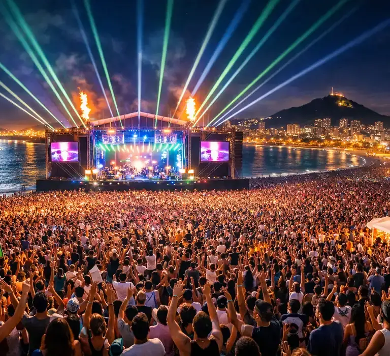 Palco iluminado com multidão assistindo a shows gratuitos de verão no Espírito Santo.