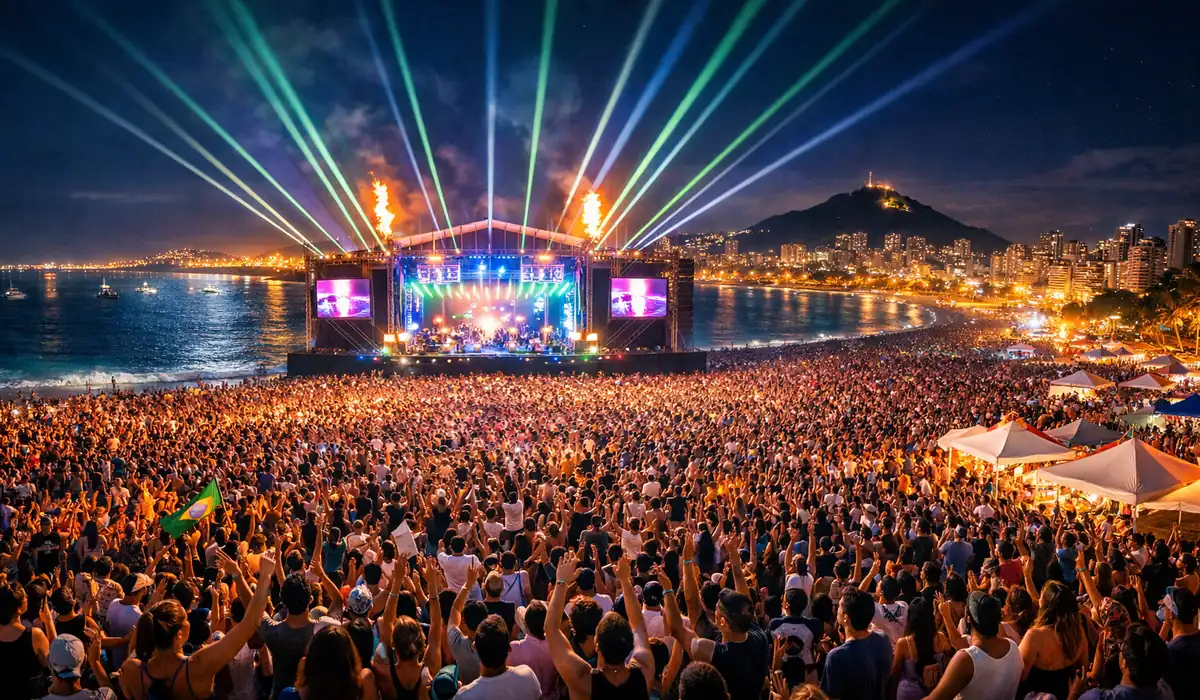 Palco iluminado com multidão assistindo a shows gratuitos de verão no Espírito Santo.