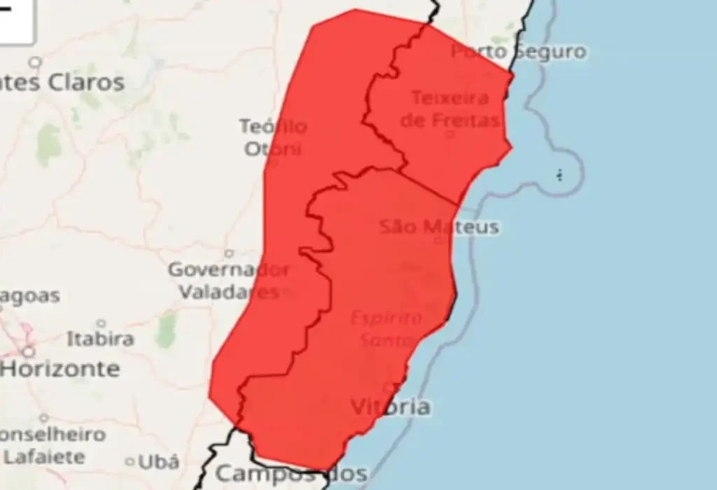 Mapa do Espírito Santo com mancha vermelha indicando alerta de Grande Perigo do INMET para chuvas intensas e alagamentos.
