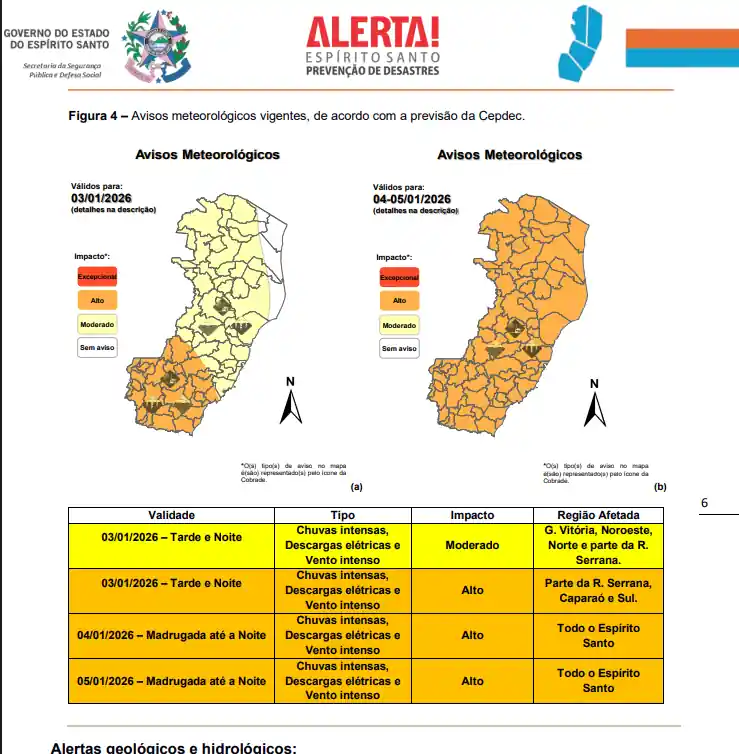 emite Alerta Vermelho de 'Grande Perigo' para chuvas no ES