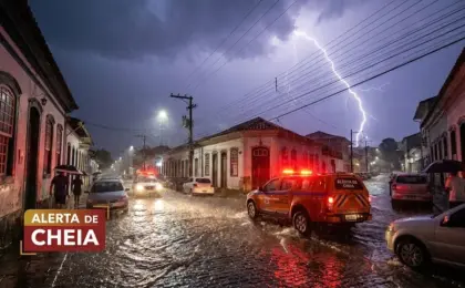 Alerta Vermelho: Defesa Civil decreta 'Risco Excepcional' de inundações em Castelo e no Sul do ES 6 Ilustração de tempestade severa e alagamento em cidade do interior, representando o alerta vermelho no Espírito Santo.