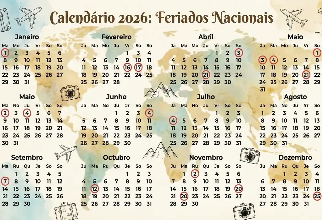 Calendário de 2026 destacando feriados nacionais e pontos facultativos que caem em dias úteis, favorecendo folgas prolongadas.