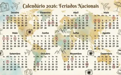Ano dos Feriadões: 2026 terá 9 folgas em dias úteis; veja a lista 8 Calendário de 2026 destacando feriados nacionais e pontos facultativos que caem em dias úteis, favorecendo folgas prolongadas.