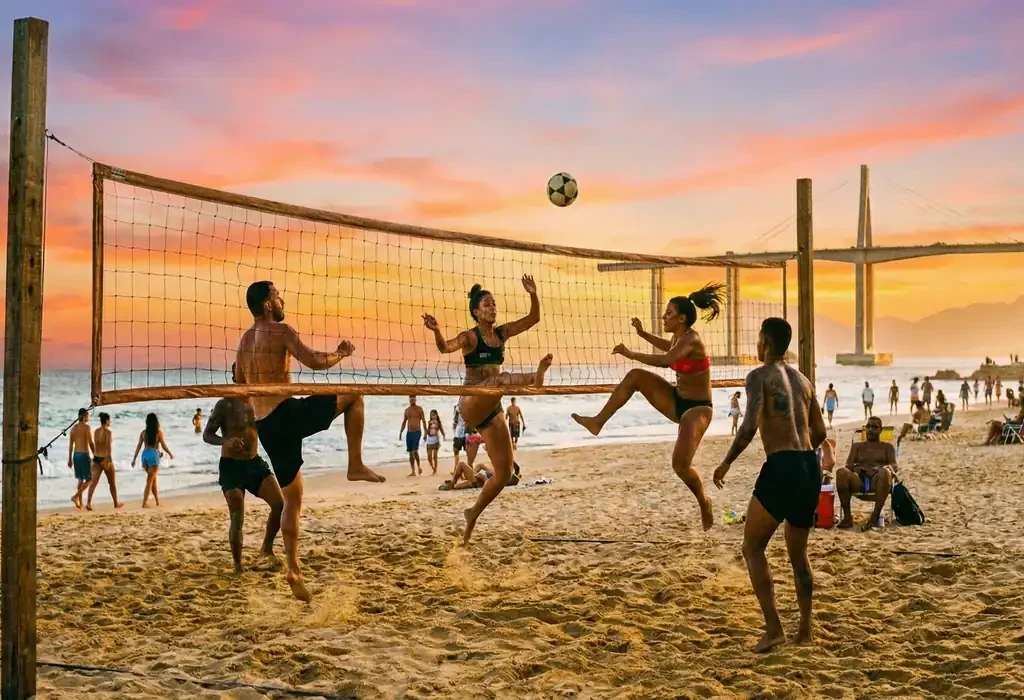 Estrutura da Arena de Verão montada na areia da Praia da Costa, em Vila Velha, com pessoas praticando esportes e palco ao fundo.