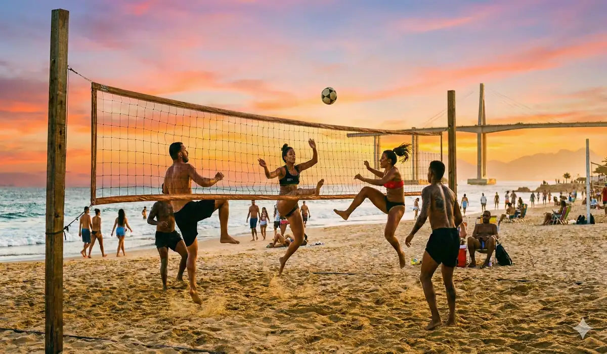 Tudo 0800: Vila Velha abre Arena de Verão com shows nesta sexta (09) 7 Estrutura da Arena de Verão montada na areia da Praia da Costa, em Vila Velha, com pessoas praticando esportes e palco ao fundo.