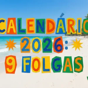 Calendário 2026 com fundo de praia mostrando 9 feriados prolongados no Espírito Santo