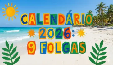 Calendário 2026 com fundo de praia mostrando 9 feriados prolongados no Espírito Santo