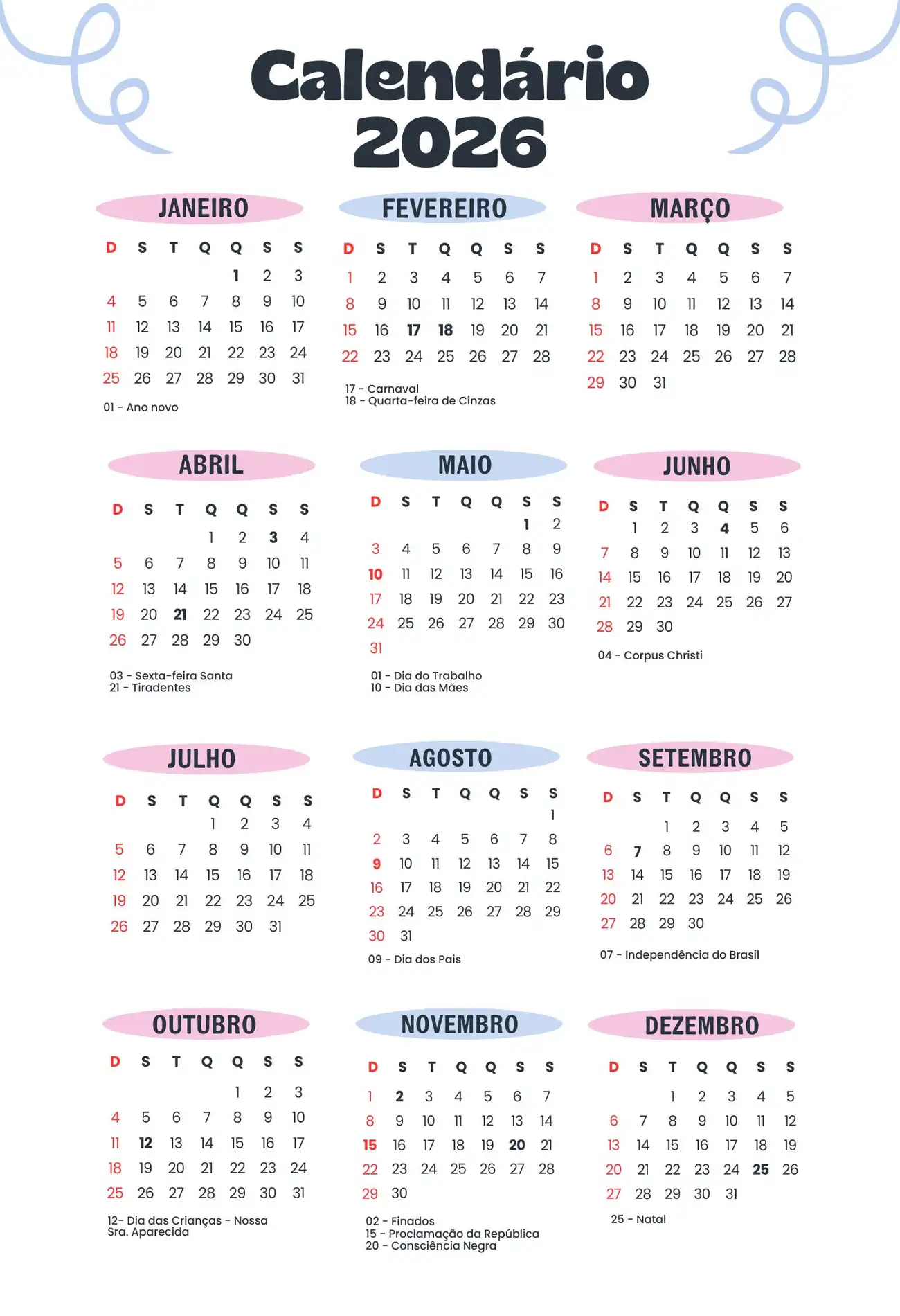 Calendário de 2026 destacando feriados nacionais e pontos facultativos que caem em dias úteis, favorecendo folgas prolongadas.