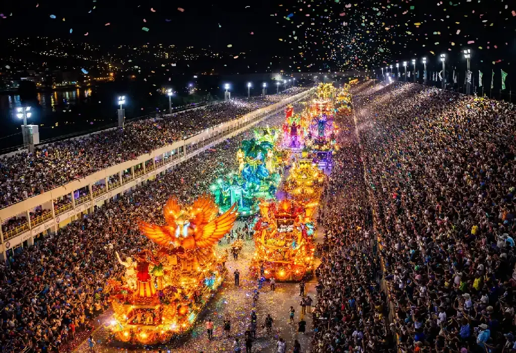 Vista panorâmica do Sambódromo lotado durante desfile de escola de samba, com carros alegóricos iluminados e arquibancadas cheias." Título da Imagem: "Carnaval 2026: A alta procura por ingressos e camarotes.