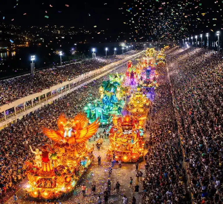 Vista panorâmica do Sambódromo lotado durante desfile de escola de samba, com carros alegóricos iluminados e arquibancadas cheias." Título da Imagem: "Carnaval 2026: A alta procura por ingressos e camarotes.