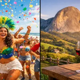 Montagem dividida mostrando o contraste do Carnaval no Espírito Santo: lado esquerdo com foliões em um bloco de rua na praia (agito) e lado direito com a vista tranquila da Pedra Azul nas montanhas (sossego).