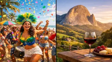Montagem dividida mostrando o contraste do Carnaval no Espírito Santo: lado esquerdo com foliões em um bloco de rua na praia (agito) e lado direito com a vista tranquila da Pedra Azul nas montanhas (sossego).