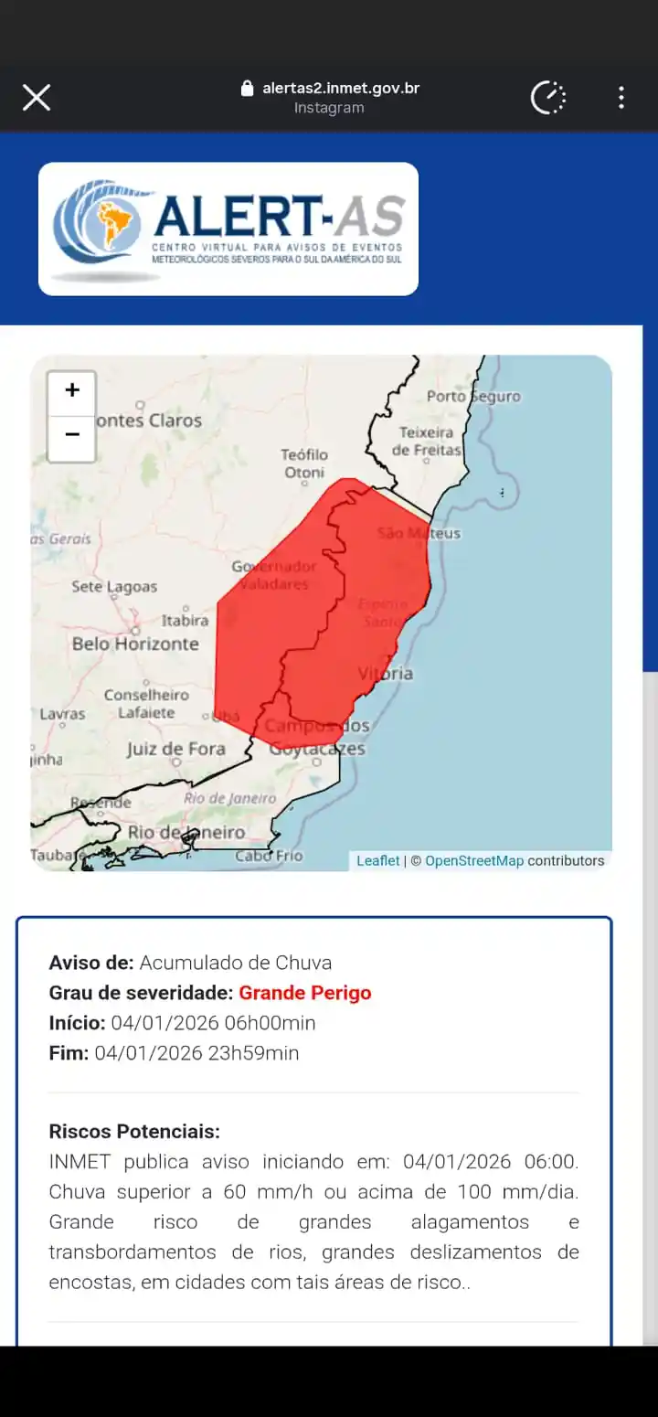 URGENTE: INMET emite Alerta Vermelho de 'Grande Perigo' para chuvas no ES