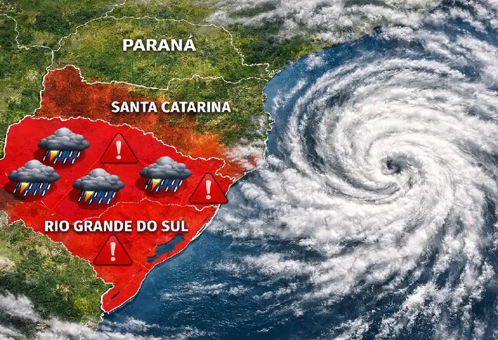 Mapa meteorológico mostrando a formação de um ciclone extratropical sobre a região Sul do Brasil, com áreas de alerta para tempestades.