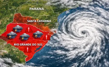 Mapa meteorológico mostrando a formação de um ciclone extratropical sobre a região Sul do Brasil, com áreas de alerta para tempestades.