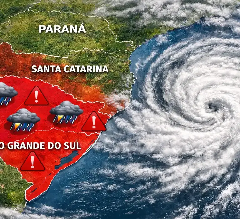 Mapa meteorológico mostrando a formação de um ciclone extratropical sobre a região Sul do Brasil, com áreas de alerta para tempestades.