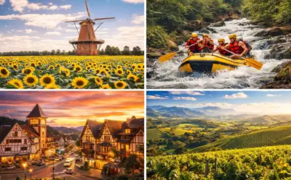 Paisagem turística representando as cidades do interior de São Paulo, destacando campos de flores em Holambra, natureza em Brotas e as serras de Campos do Jordão. cidades do interior de SP