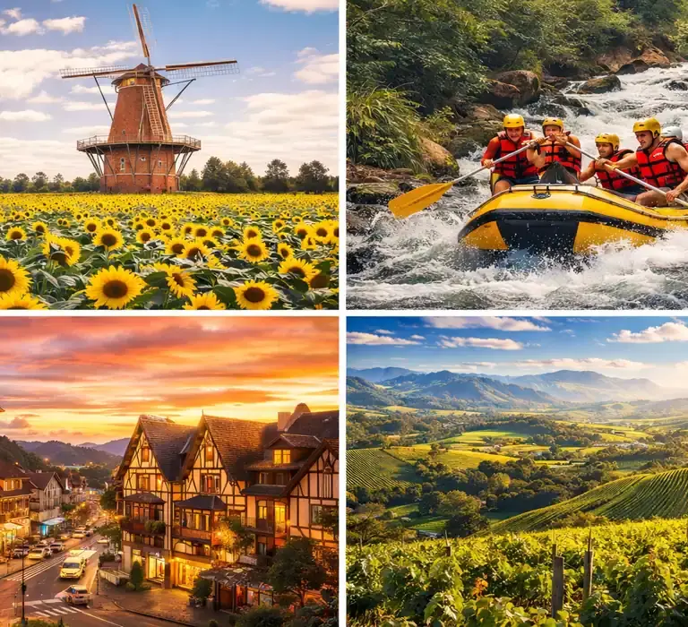 Paisagem turística representando as cidades do interior de São Paulo, destacando campos de flores em Holambra, natureza em Brotas e as serras de Campos do Jordão.