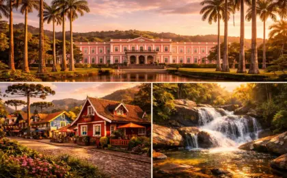 Montagem turística mostrando as belezas do interior do Rio de Janeiro: arquitetura imperial de Petrópolis, o clima de serra de Visconde de Mauá e o estilo finlandês de Penedo.