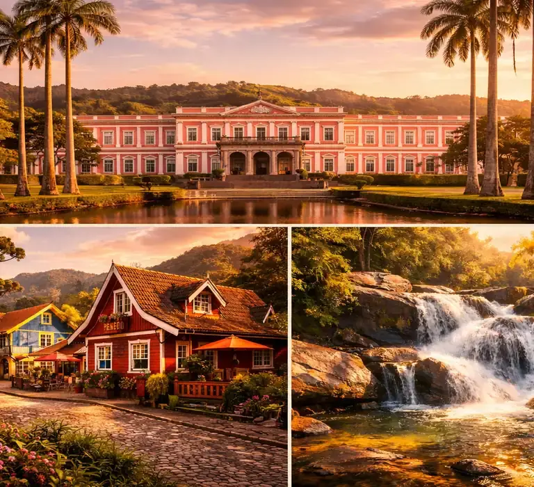 Montagem turística mostrando as belezas do interior do Rio de Janeiro: arquitetura imperial de Petrópolis, o clima de serra de Visconde de Mauá e o estilo finlandês de Penedo.