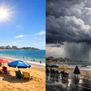 Montagem mostrando o contraste do clima no Espírito Santo em janeiro: lado esquerdo com praia ensolarada e calor, lado direito com nuvens de tempestade e chuva forte.