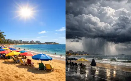 Montagem mostrando o contraste do clima no Espírito Santo em janeiro: lado esquerdo com praia ensolarada e calor, lado direito com nuvens de tempestade e chuva forte.