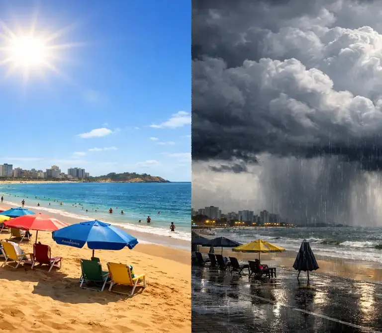 Montagem mostrando o contraste do clima no Espírito Santo em janeiro: lado esquerdo com praia ensolarada e calor, lado direito com nuvens de tempestade e chuva forte.