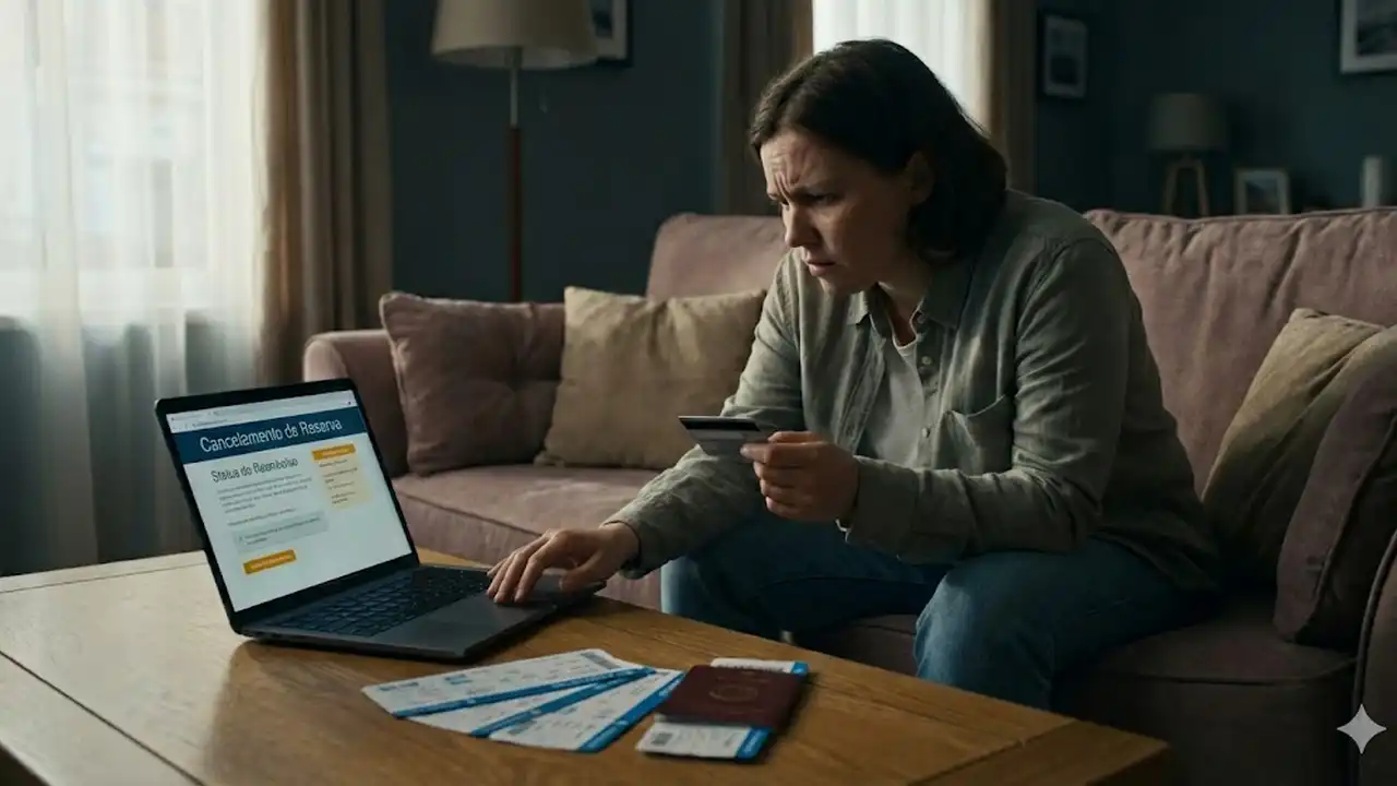 Pessoa utilizando notebook para solicitar cancelamento de passagem aérea e reembolso online.