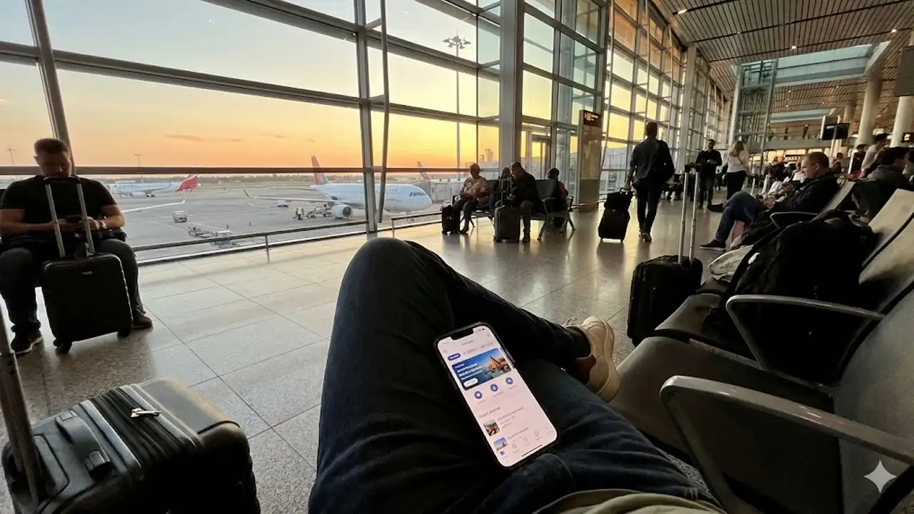Viajante pesquisando passagens aéreas no celular dentro de um aeroporto