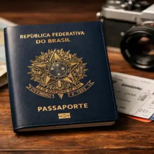 Capa de passaporte brasileiro sobre uma mesa de madeira com mapa e passagens aéreas, representando o planejamento de viagem em 2026.