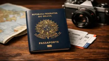 Capa de passaporte brasileiro sobre uma mesa de madeira com mapa e passagens aéreas, representando o planejamento de viagem em 2026.