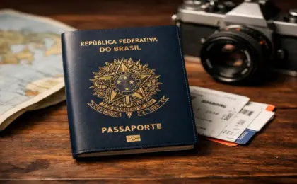 Capa de passaporte brasileiro sobre uma mesa de madeira com mapa e passagens aéreas, representando o planejamento de viagem em 2026.