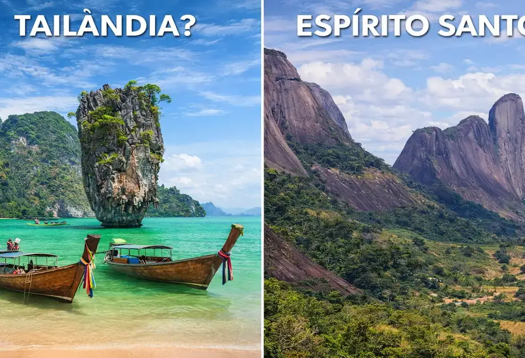 Montagem comparativa dividida ao meio. Na esquerda, ilhas da Tailândia com mar turquesa e texto 'TAILÂNDIA?'. Na direita, a Pedra do Camelo no Espírito Santo com vegetação verde e texto 'ESPÍRITO SANTO