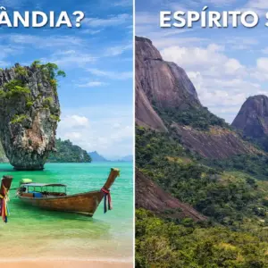 Montagem comparativa dividida ao meio. Na esquerda, ilhas da Tailândia com mar turquesa e texto 'TAILÂNDIA?'. Na direita, a Pedra do Camelo no Espírito Santo com vegetação verde e texto 'ESPÍRITO SANTO