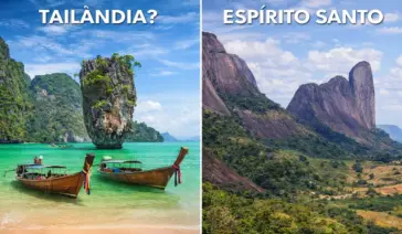 Montagem comparativa dividida ao meio. Na esquerda, ilhas da Tailândia com mar turquesa e texto 'TAILÂNDIA?'. Na direita, a Pedra do Camelo no Espírito Santo com vegetação verde e texto 'ESPÍRITO SANTO
