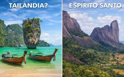 Tailândia ou ES? 4 lugares capixabas que confundem turistas. 6 Montagem comparativa dividida ao meio. Na esquerda, ilhas da Tailândia com mar turquesa e texto 'TAILÂNDIA?'. Na direita, a Pedra do Camelo no Espírito Santo com vegetação verde e texto 'ESPÍRITO SANTO