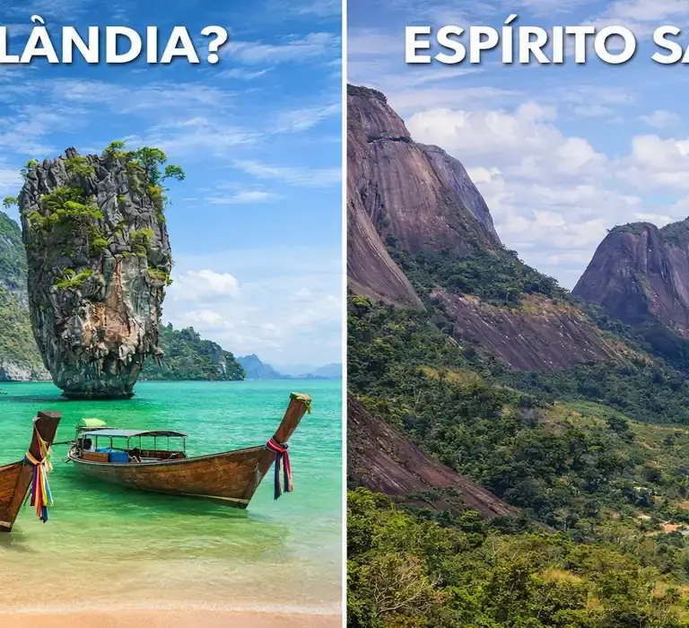 Montagem comparativa dividida ao meio. Na esquerda, ilhas da Tailândia com mar turquesa e texto 'TAILÂNDIA?'. Na direita, a Pedra do Camelo no Espírito Santo com vegetação verde e texto 'ESPÍRITO SANTO